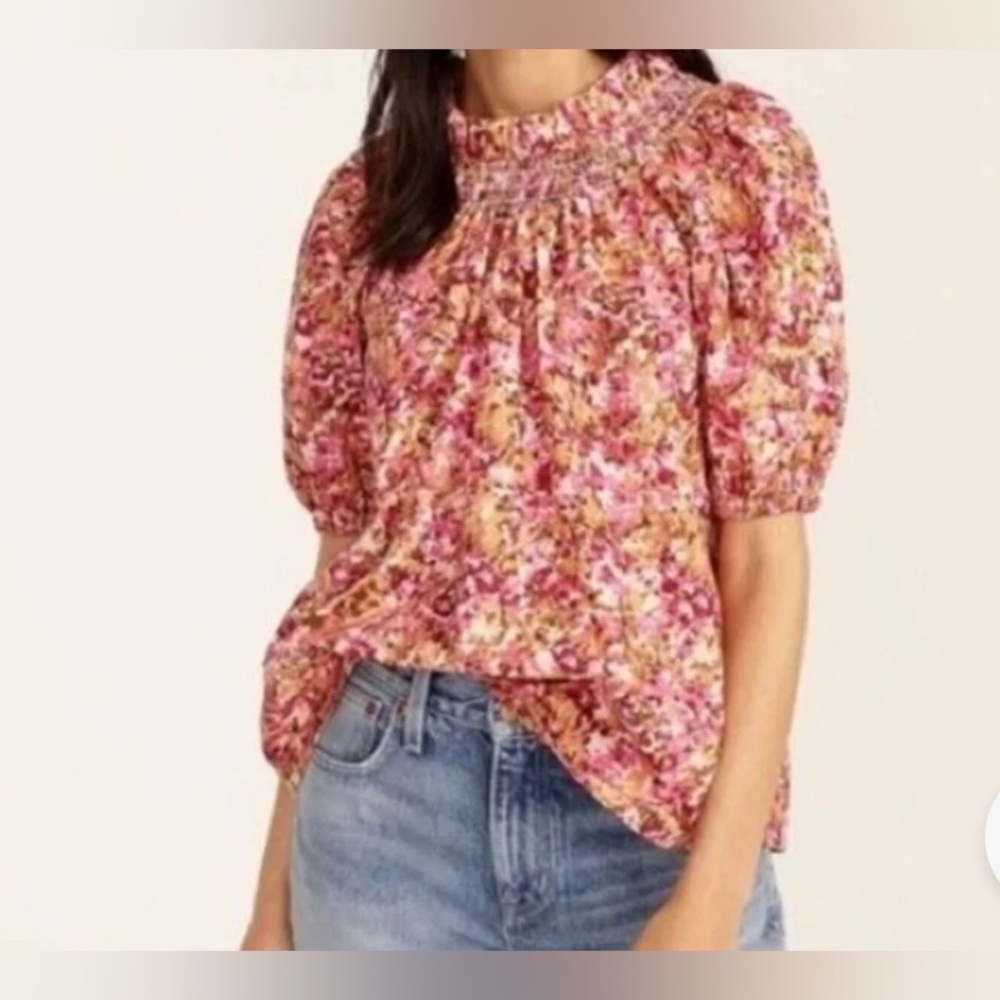 J. Crew Smocked Neck Puff-Sleeve top